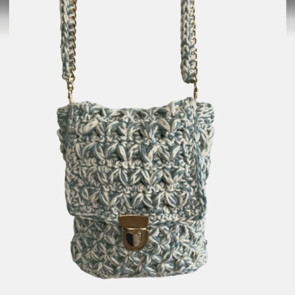 Purse crochet phone purse, unique purse, blue and white with gold findings